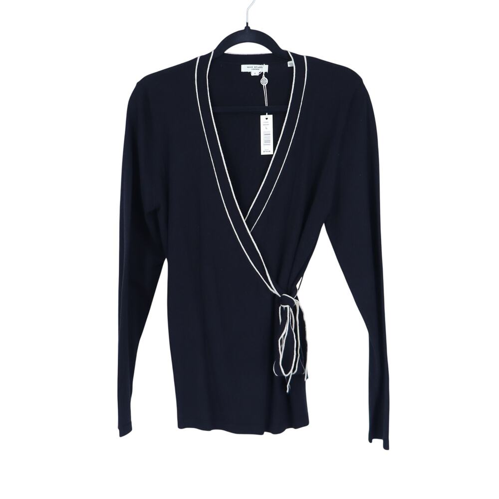 Max Studio Flat Knit Wrap Sweater Black Ivory Trim NWT Long Sleeve Women's L